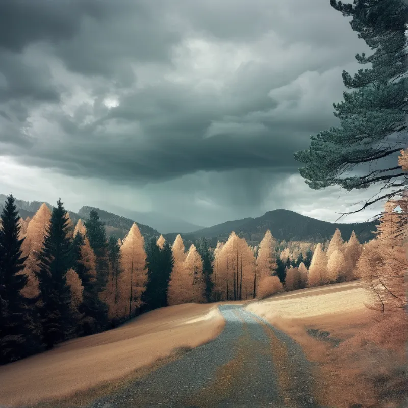 Curving asphalt road winds through golden autumn trees beneath a brooding stormy sky over distant mountains.