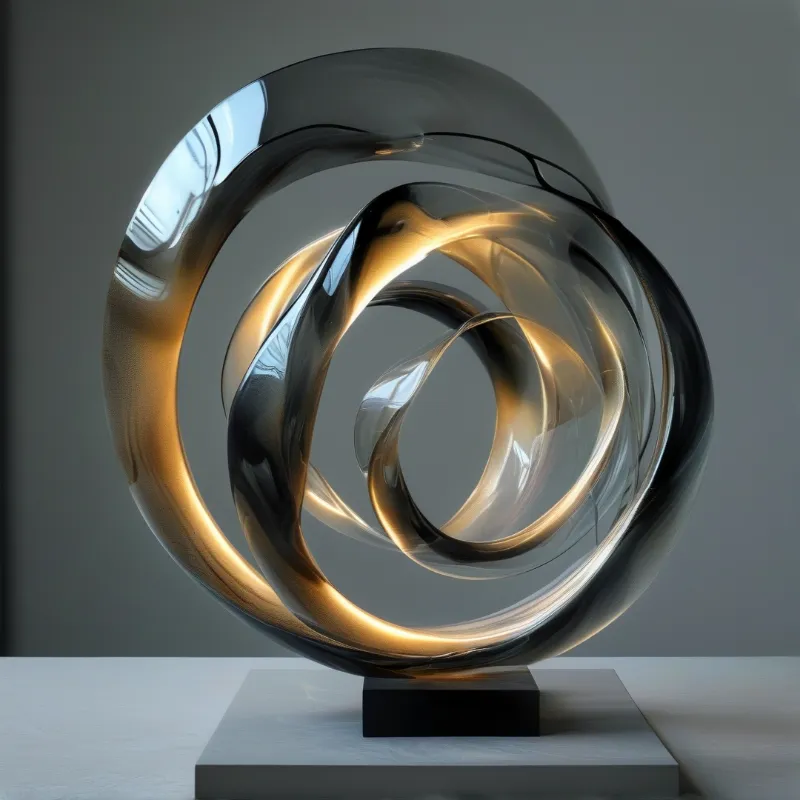 A clear glass sphere sculpture holds interlocking bands lit with warm gold light, displayed on a dark pedestal.