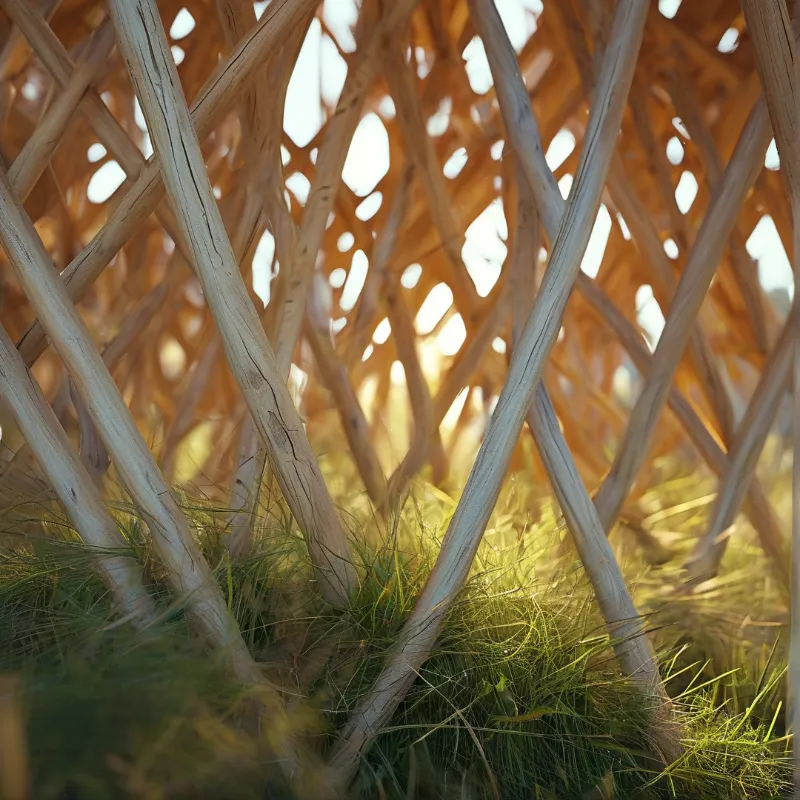 A close-up view of interwoven pale wooden sticks rising from a patch of sunlit green grass.
