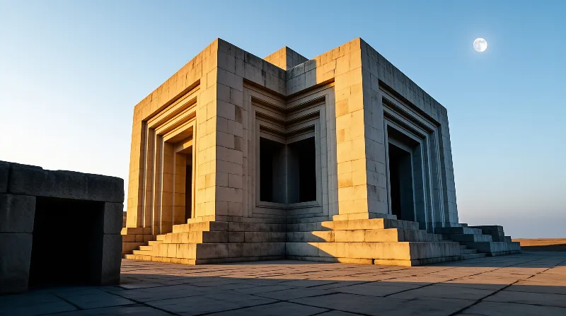 Geometric stone structure rests on a paved plaza bathed in golden light while a bright moon shines overhead.