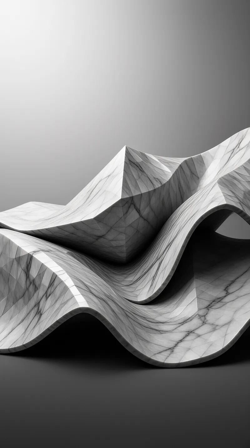 A curved, vein-patterned object resembling white marble undulates across a dark grey surface under soft lighting.