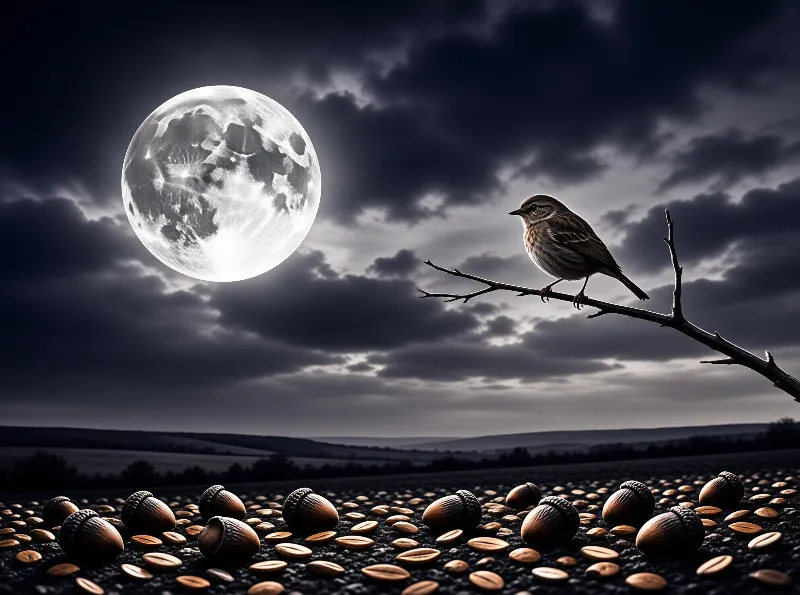 A small bird sits on a bare branch against a dark cloudy sky with a large moon rising above a field of acorns.