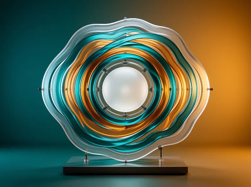 A layered abstract sculpture made of wavy teal and orange acrylic sheets stands on a dark base.