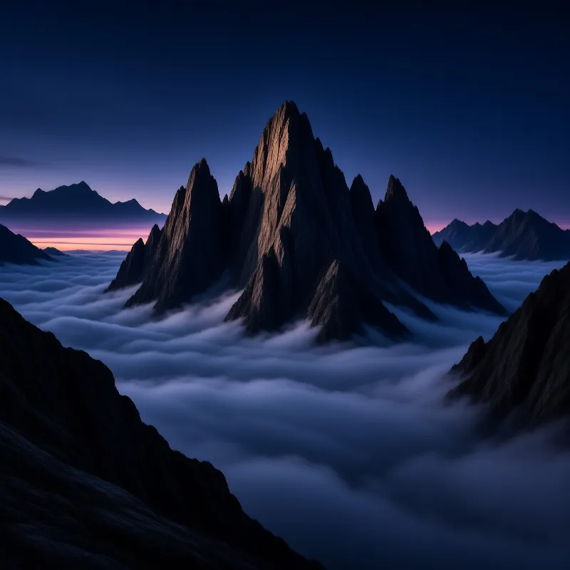 Dark jagged mountain spires pierce a rolling sea of clouds while a violet sunset glows along the distant horizon.