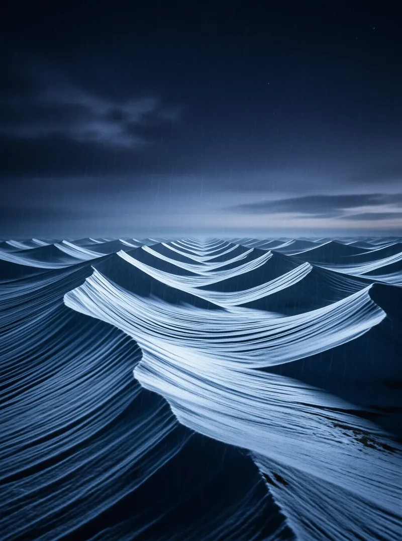Vast sand dunes form rippling white ridges across a deep blue landscape beneath a moody twilight sky.
