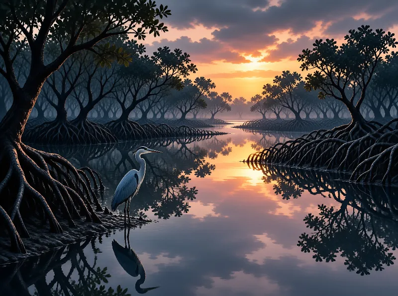 A grey heron stands beside a calm mangrove water channel as orange sunset light mirrors across the still dark water.