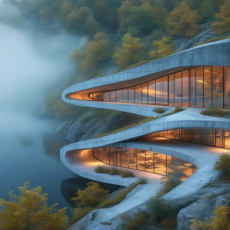 A modern concrete building with illuminated windows curves along a foggy cliffside overlooking calm blue water.