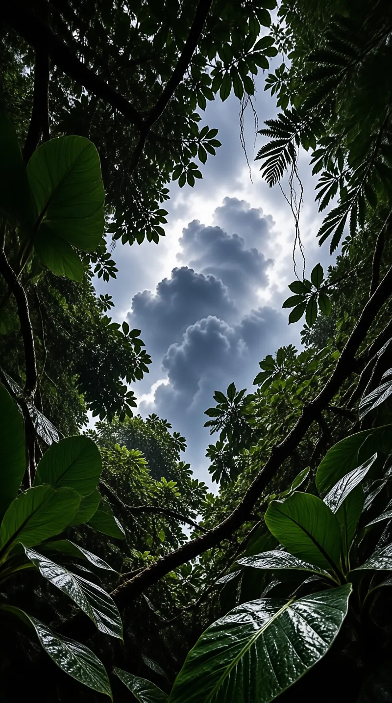 Looking up through a dense canopy of green leaves and branches towards a bright sky with large clouds.