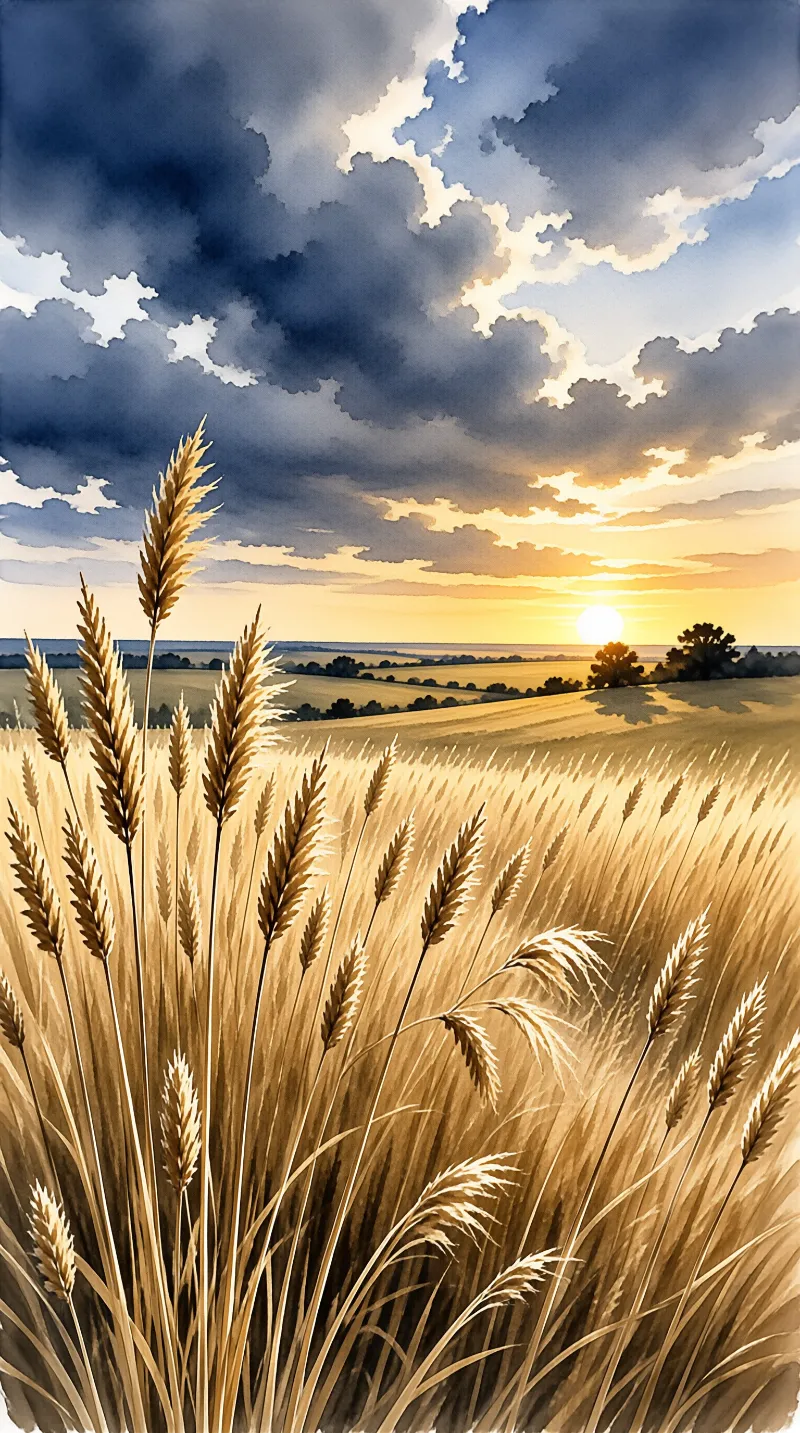 Watercolor grain ears rise in the foreground while the sun drops behind rolling fields under heavy indigo clouds.