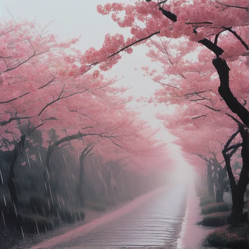 A wet road runs under pink cherry trees while rain falls softly towards a glowing misty horizon.