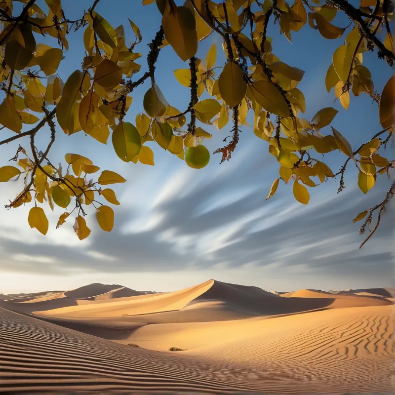 Yellow autumn leaves frame a sweeping golden desert dune landscape under a streaked pale blue sky at warm low light.