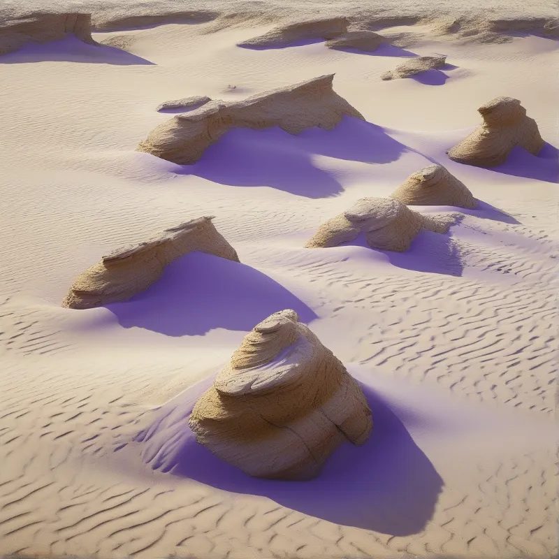 A dry desert landscape features sandy dunes with eroded rock formations and long purple shadows cast across the rippled sand