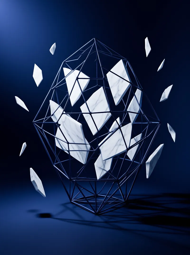 White marble fragments suspended within a dark blue geometric wireframe structure floating in shadow.