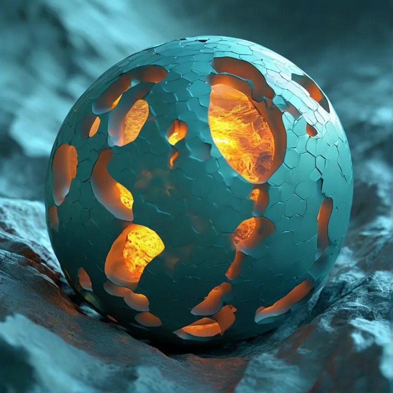 A teal orb with shattered patterns rests on a rough surface while bright orange light leaks through the gaps.