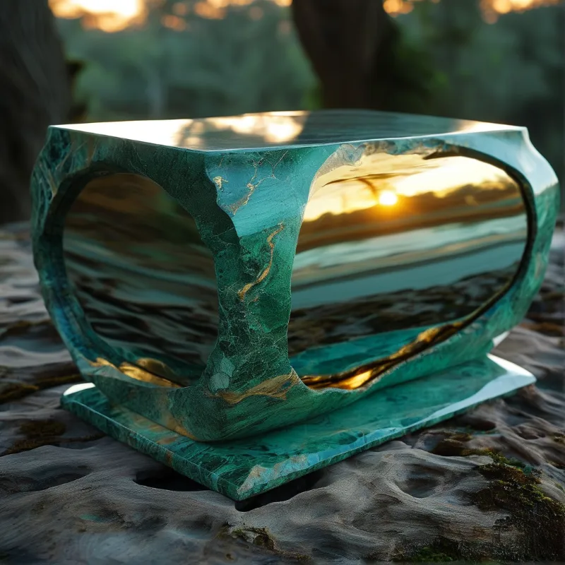 A polished green stone object sits on rough wood with sunlight streaming through its hollow opening