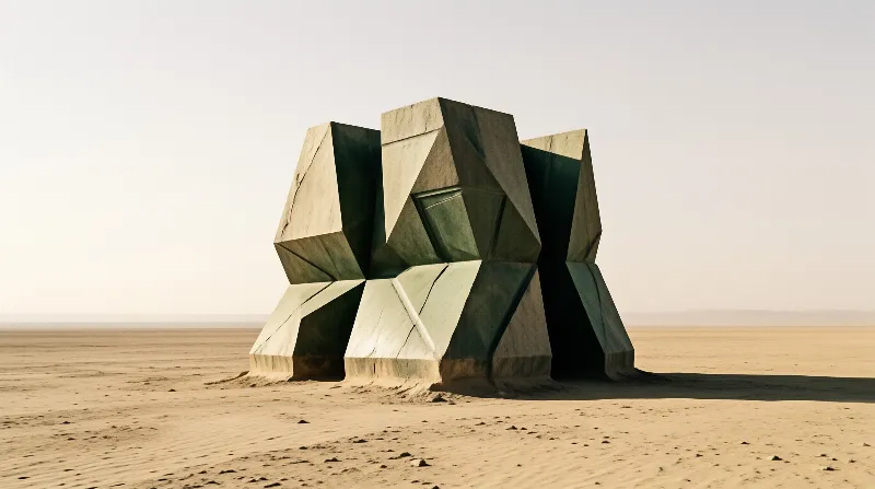 A chunky faceted stone sculpture rises from rippled sand under a pale hazy desert sky.