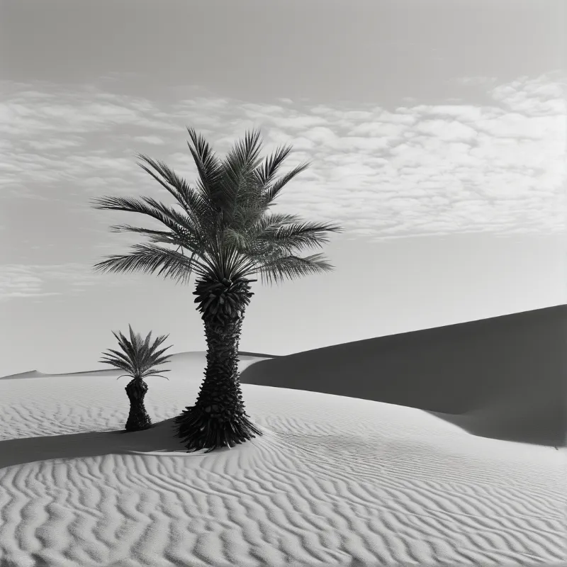 A monochrome photograph shows two palm trees rising from rippled desert sand beneath a cloudy sky.