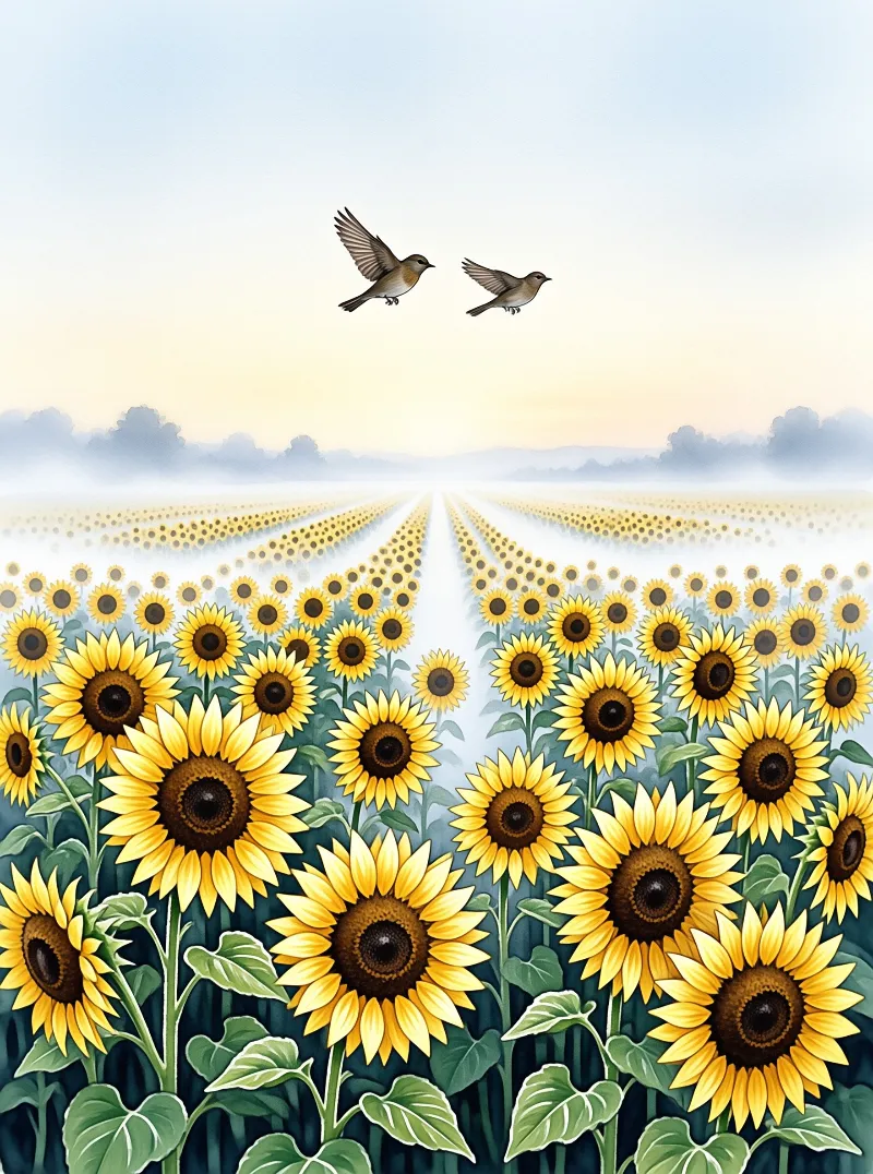 A digital painting of a sunflower field stretching to a misty horizon with two birds flying in a pale sky.