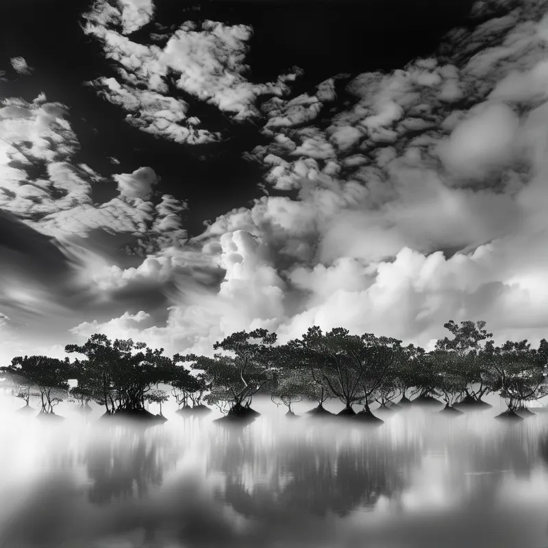 Monochrome landscape showing mangrove trees silhouetted against a cloudy sky with reflections in the water below.