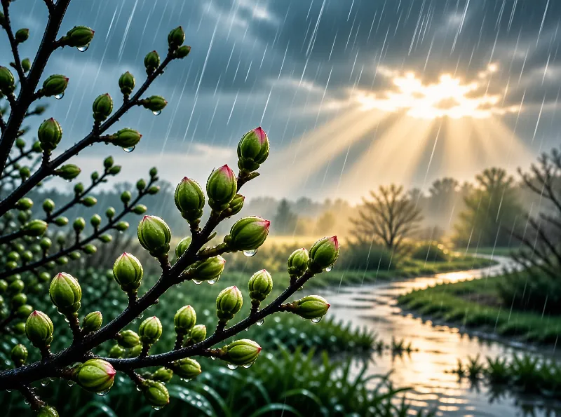 A branch covered in green buds stands out against a rainy background where bright sunbeams shine over a wet path.