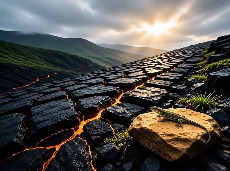 A green lizard sits on a rock near black basalt columns with glowing lava cracks and sun breaking through clouds.