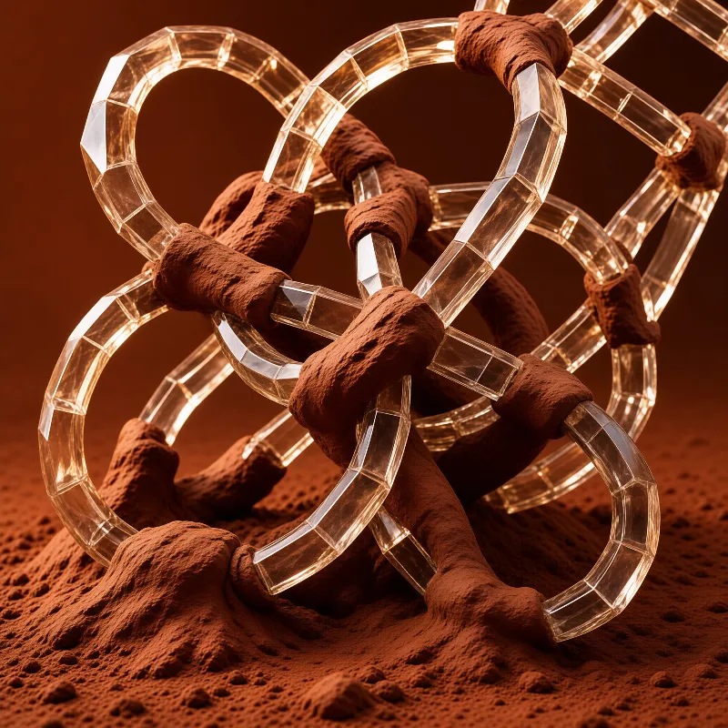 Interlocking transparent rings with earthy red clay textured segments rest on a reddish brown sand-like surface.