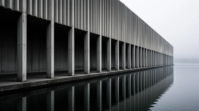 A repetitive row of gray columns stands beside a dark reflective pool that disappears into a distant haze.