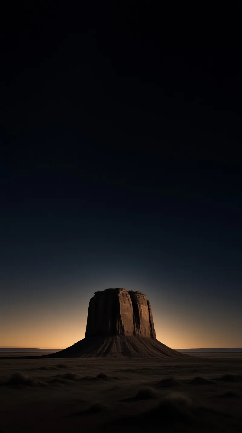 A solitary rock formation rises from the flat desert floor while the sky transitions from deep blue to warm orange at the horizon.