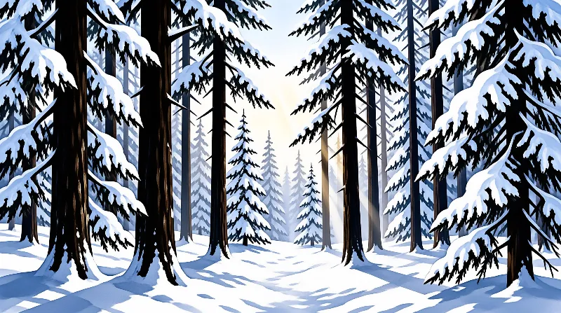 Tall dark pine trees covered in thick white snow stand on both sides of a snow covered path leading into bright light.