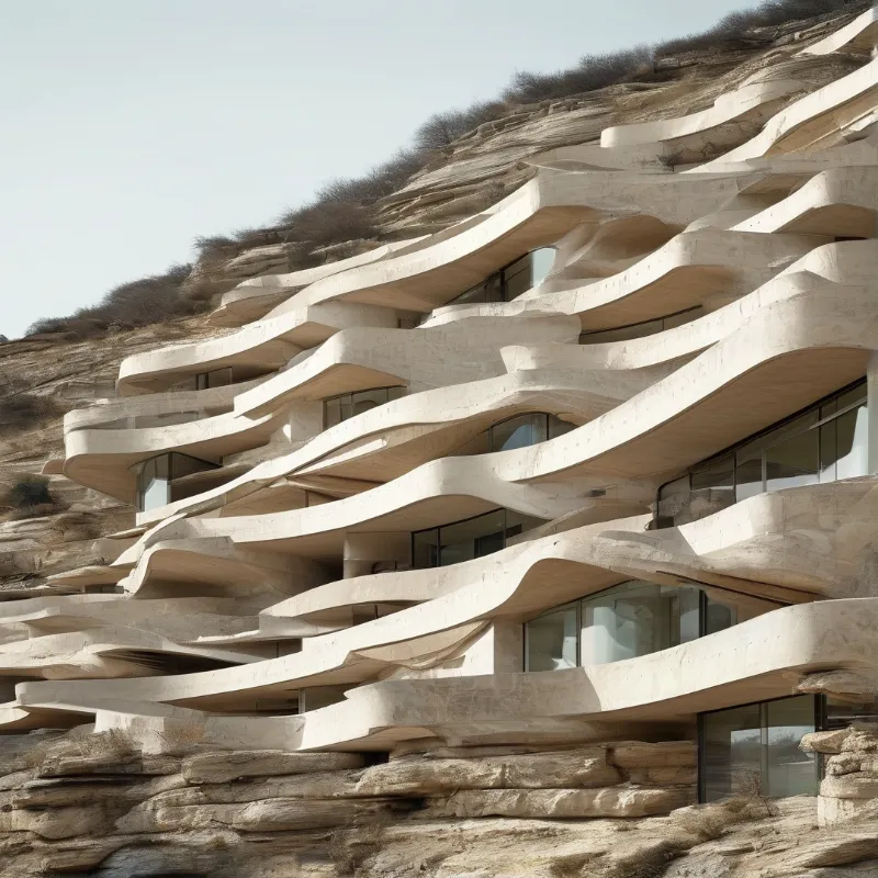 Layered wavy concrete buildings built into an eroded dry sandstone hillside, lit by bright even daylight to highlight their pale beige facades.