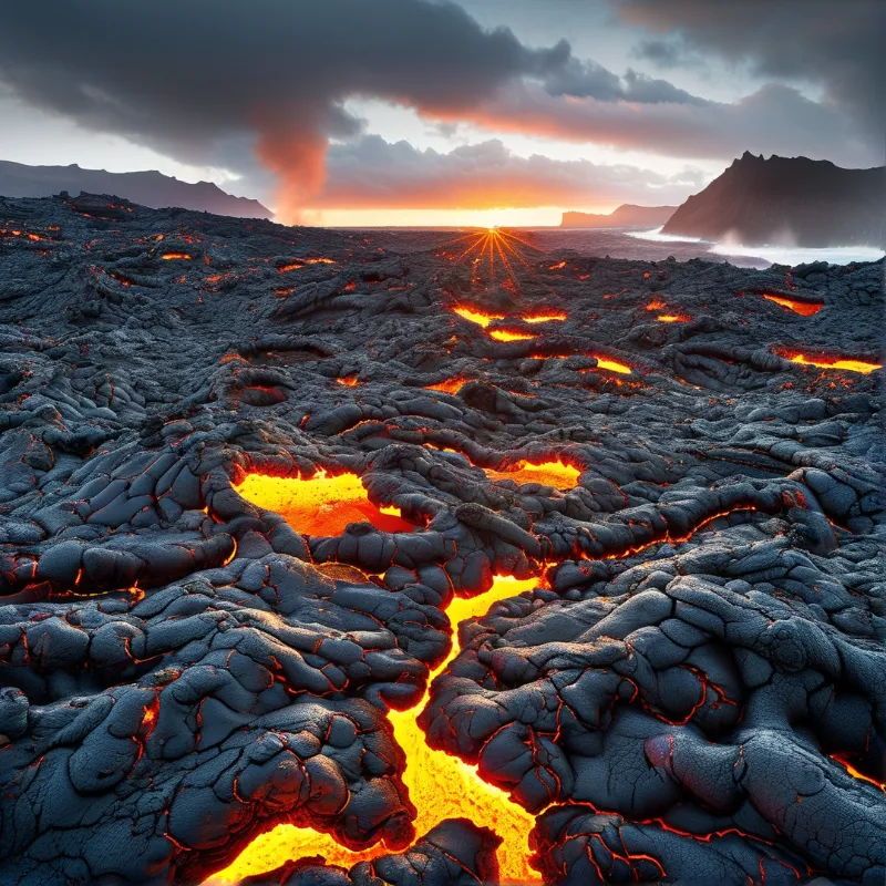 Volcanic Lava Flow at Sunset