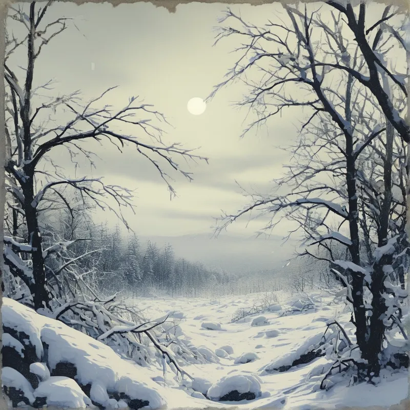 Bare winter trees frame a snowy field while a pale sun hangs in the misty sky above a distant forest.