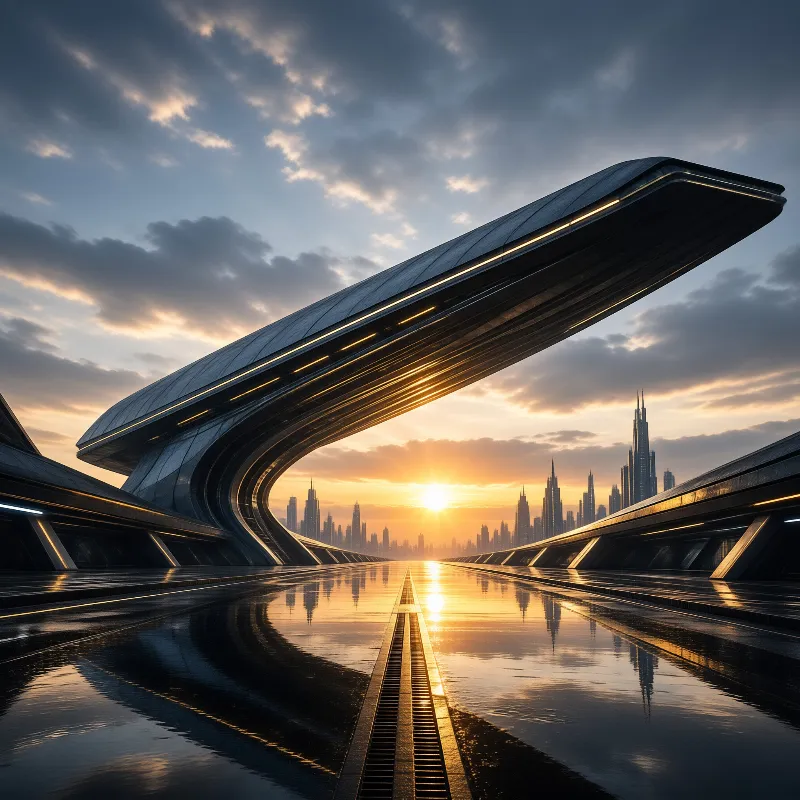 Curved structure arches over wet ground reflecting the warm sunset and distant city skyline.