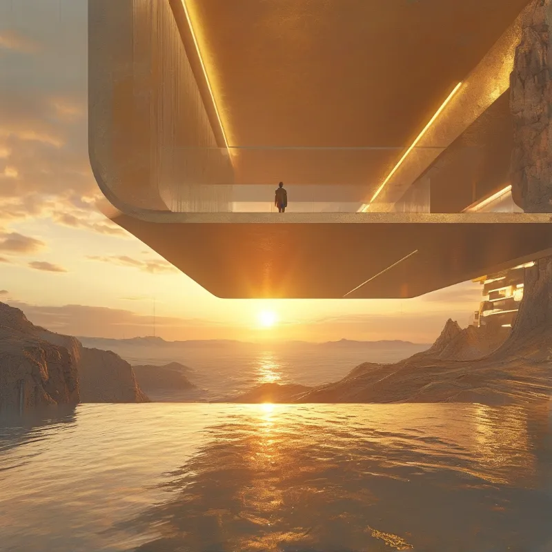 A solitary figure stands on a futuristic bridge above shimmering waters framed by rocky cliffs under a warm sunset glow