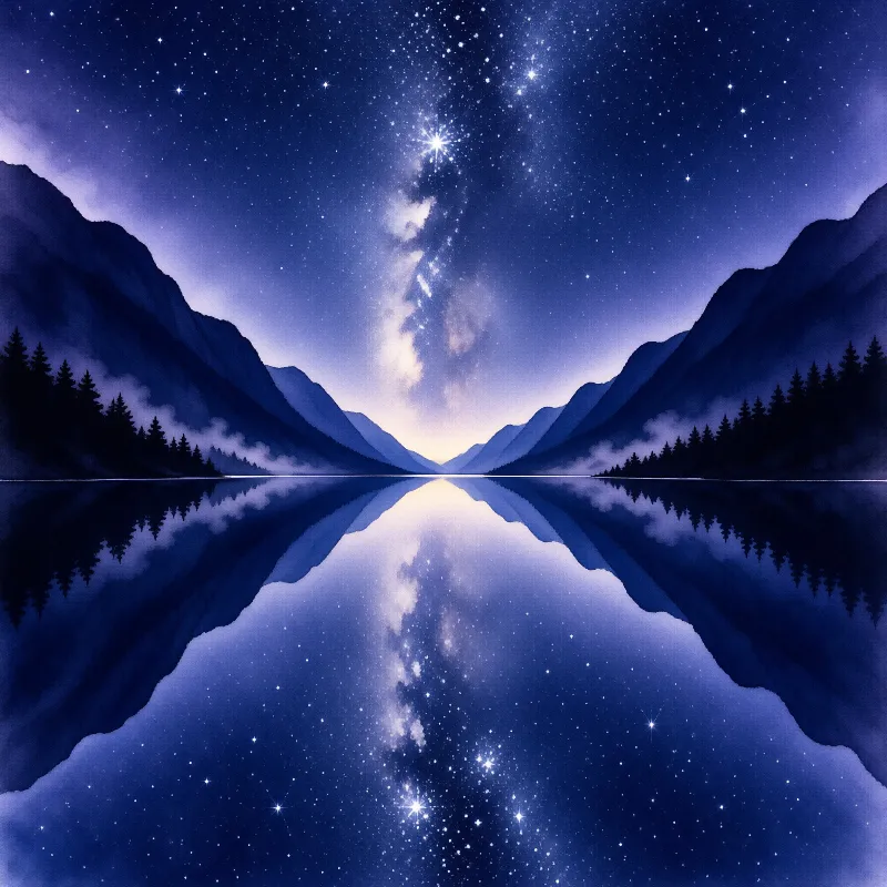 Deep indigo stars and a soft galaxy arch are doubled perfectly in glassy water between dark forested slopes.