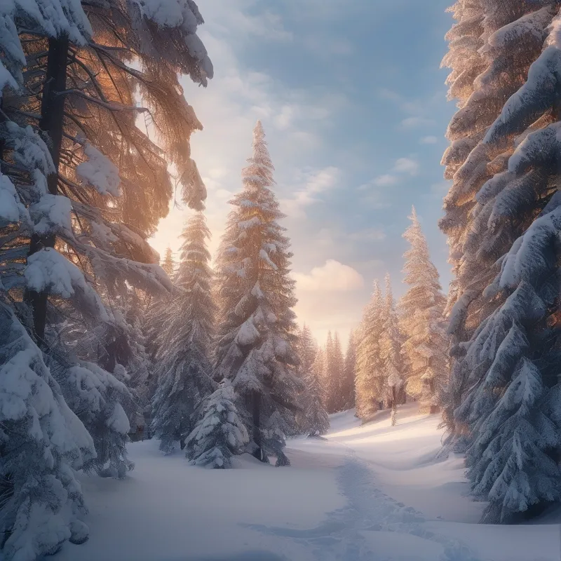 Sunlit Snowy Forest