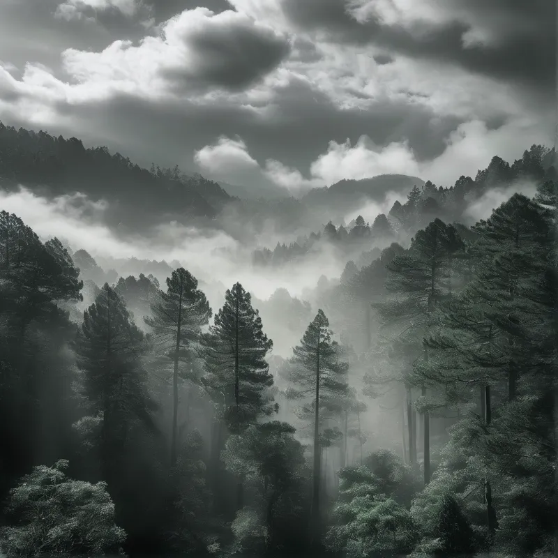 Tall evergreen trees stand in a foggy valley with sunlight filtering through heavy clouds above distant ridges.
