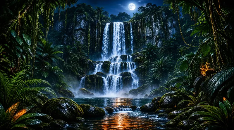 Moonlit Jungle Waterfall