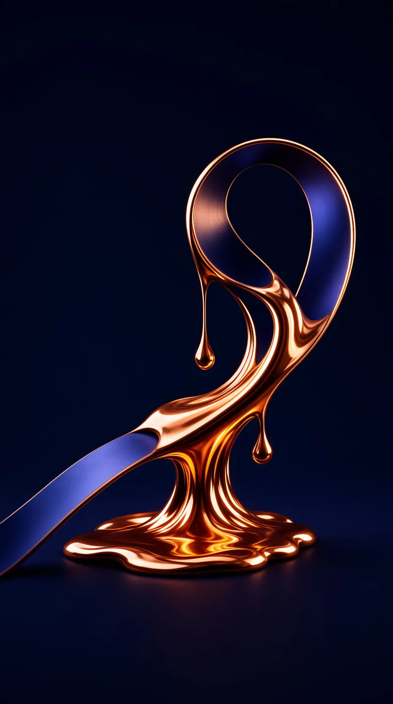 A polished bronze band loops upward and melts into a pool, releasing hanging metal droplets