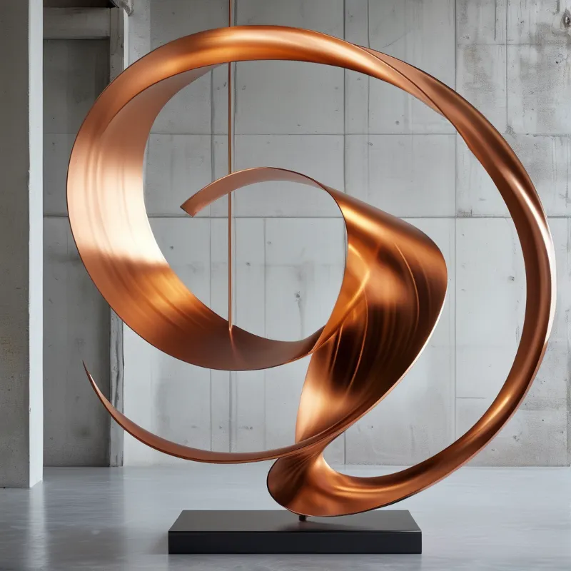 A large abstract sculpture made of shiny copper metal stands on a black base against a grey concrete wall.