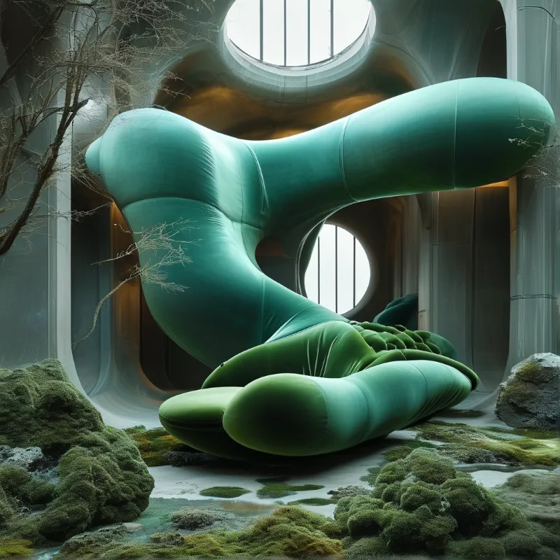 Bulbous velvet shapes sprawl across a mossy concrete room lit by round windows high above.