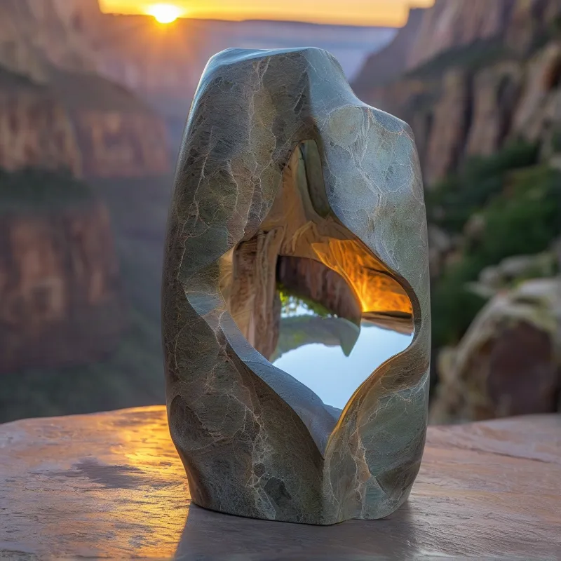A polished carved stone sculpture with a hollow center reveals a canyon lake glowing in warm sunset light.