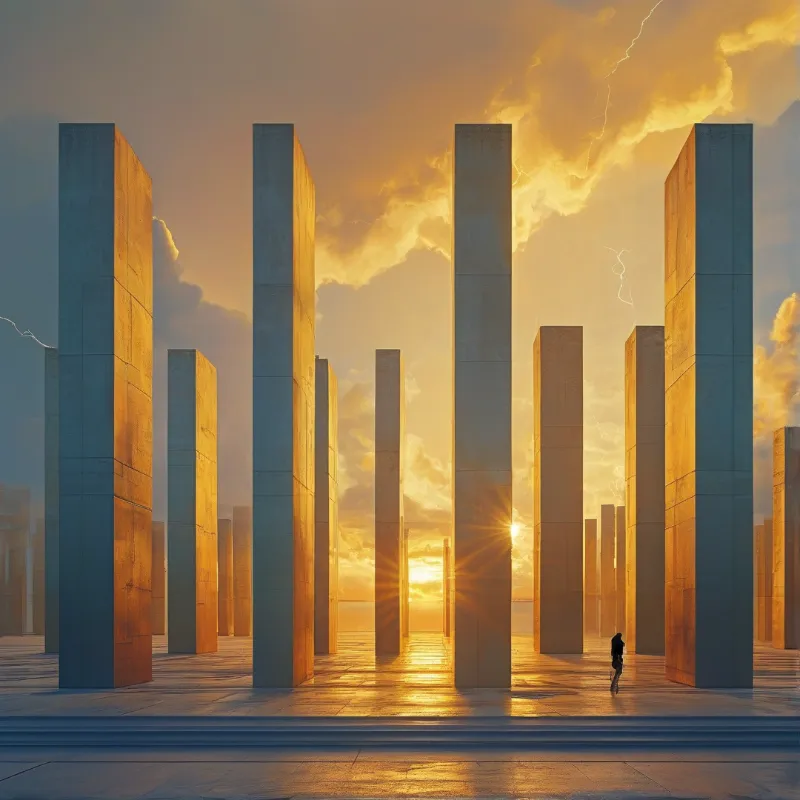Tall concrete pillars stand on a smooth paved expanse under a dramatic sunlit storm cloud sky with lightning visible.