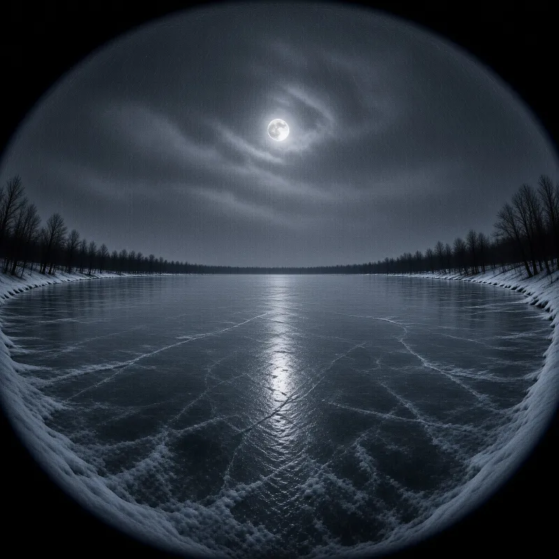 A frozen lake covered in ice reflects the bright full moon on a dark winter night surrounded by bare trees.