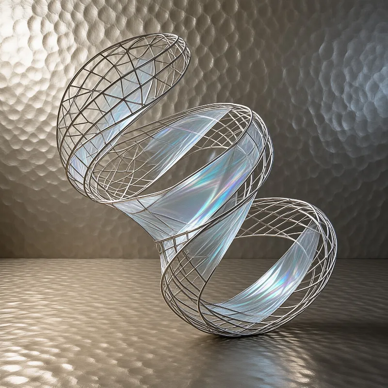 A twisted wireframe sculpture with glowing iridescent material sits on a floor beneath a textured wall with dappled light.