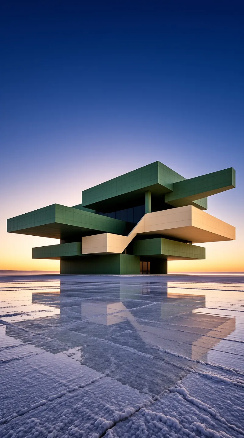 A geometric structure with green and beige panels stands isolated on a cracked, reflective ice surface during twilight.