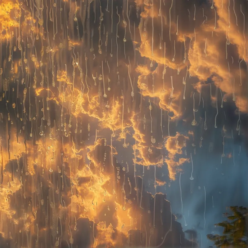 Water droplets create vertical streaks on a window pane framing a sunset sky with fiery orange clouds and a blue horizon