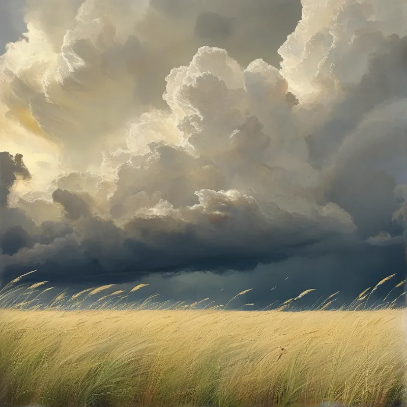A field of yellow grass blows in the wind below a sky dominated by huge, illuminated white and grey storm clouds.