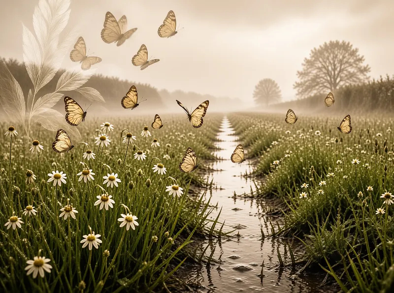 Numerous pale butterflies fly above a flooded meadow of daisies under a soft overcast sky
