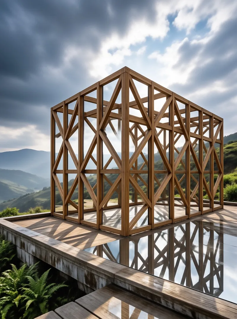 An open timber frame pavilion mirrors in a glassy pool with green hills and a bright cloudy sky.